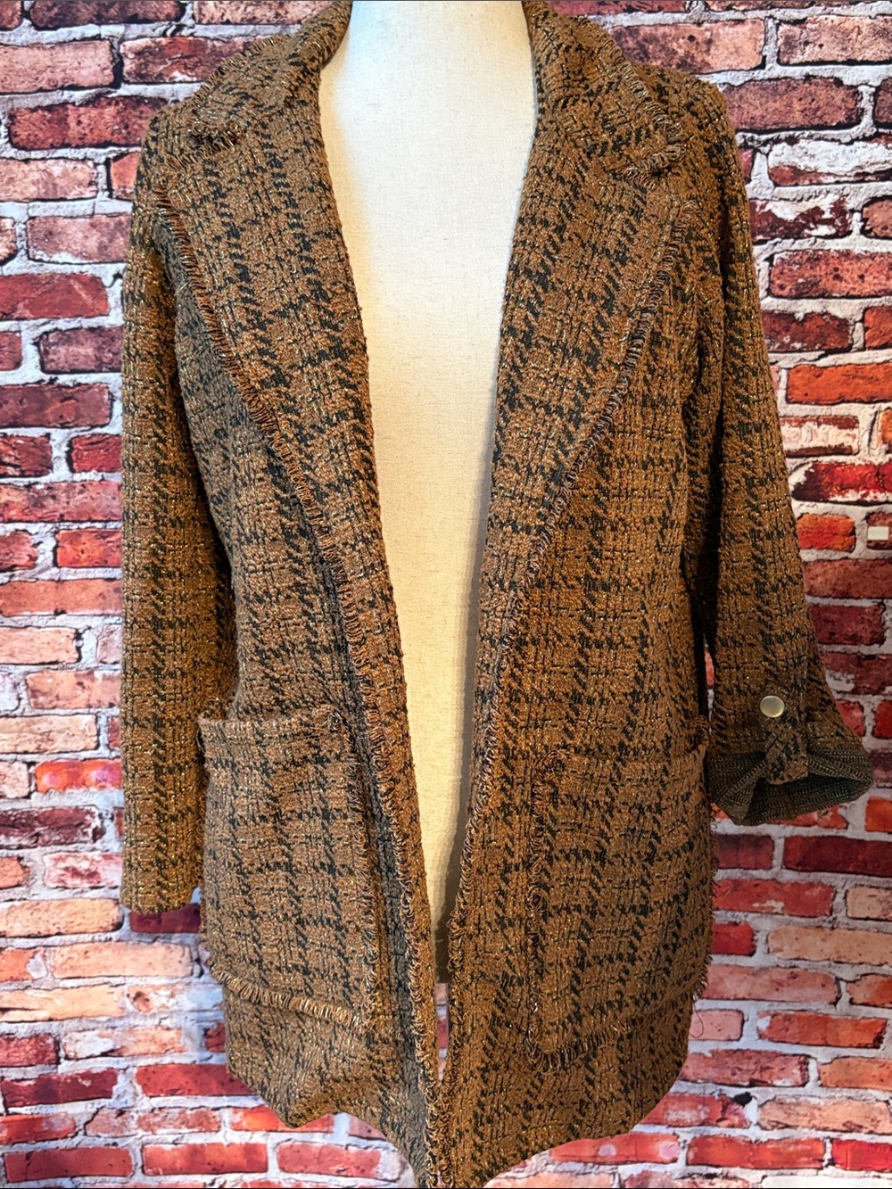 Ruby Rd. Open-Front Tweed Bouclé Jacket Rust Brown & Black Gold Thread MP - Picture 2 of 10